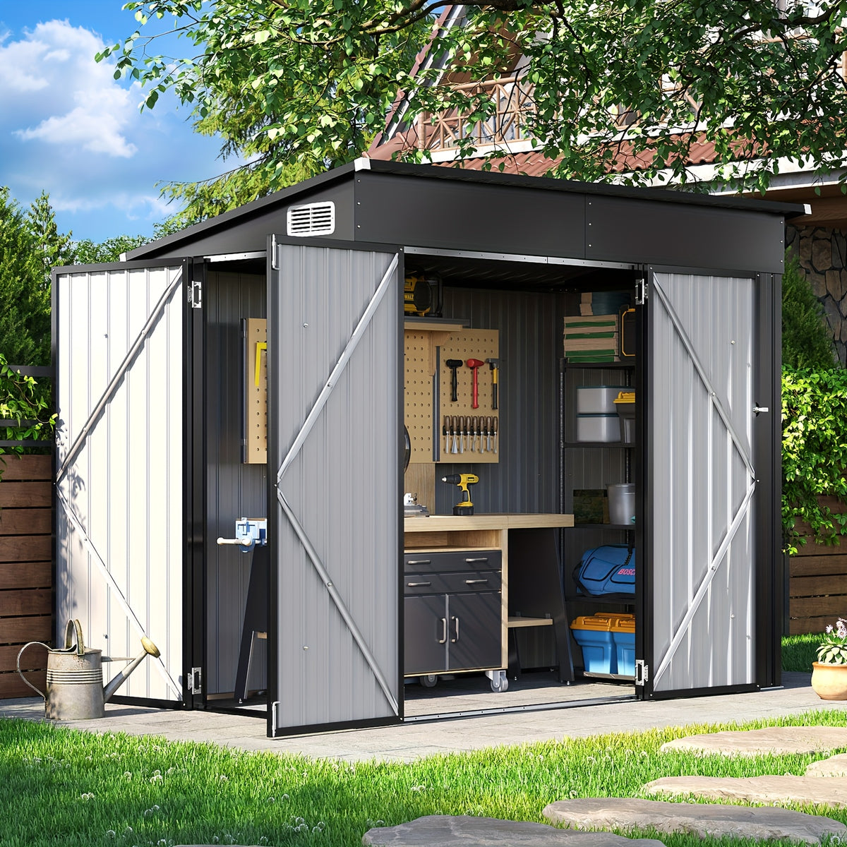 Outdoor Storage Shed, 4 x 8 Ft—Lockable Triple-Door Access and a Sloped Roof for Tools, Bikes and Patio Gear