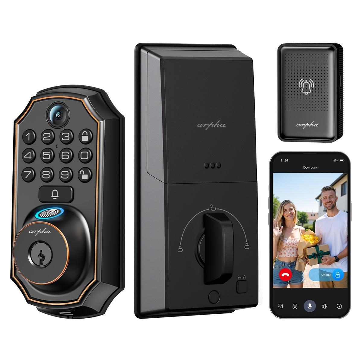 Smart Keypad Door Lock - Keyless Entry Door Lock - Front and Rear Locks and Doorbell - Remote Control, Fingerprint, Two-Way Voice Video and Call, Photo, Recording, APP Control, Voice, 150 Code Smart Deadbolt Lock - Anti-Peeping Password