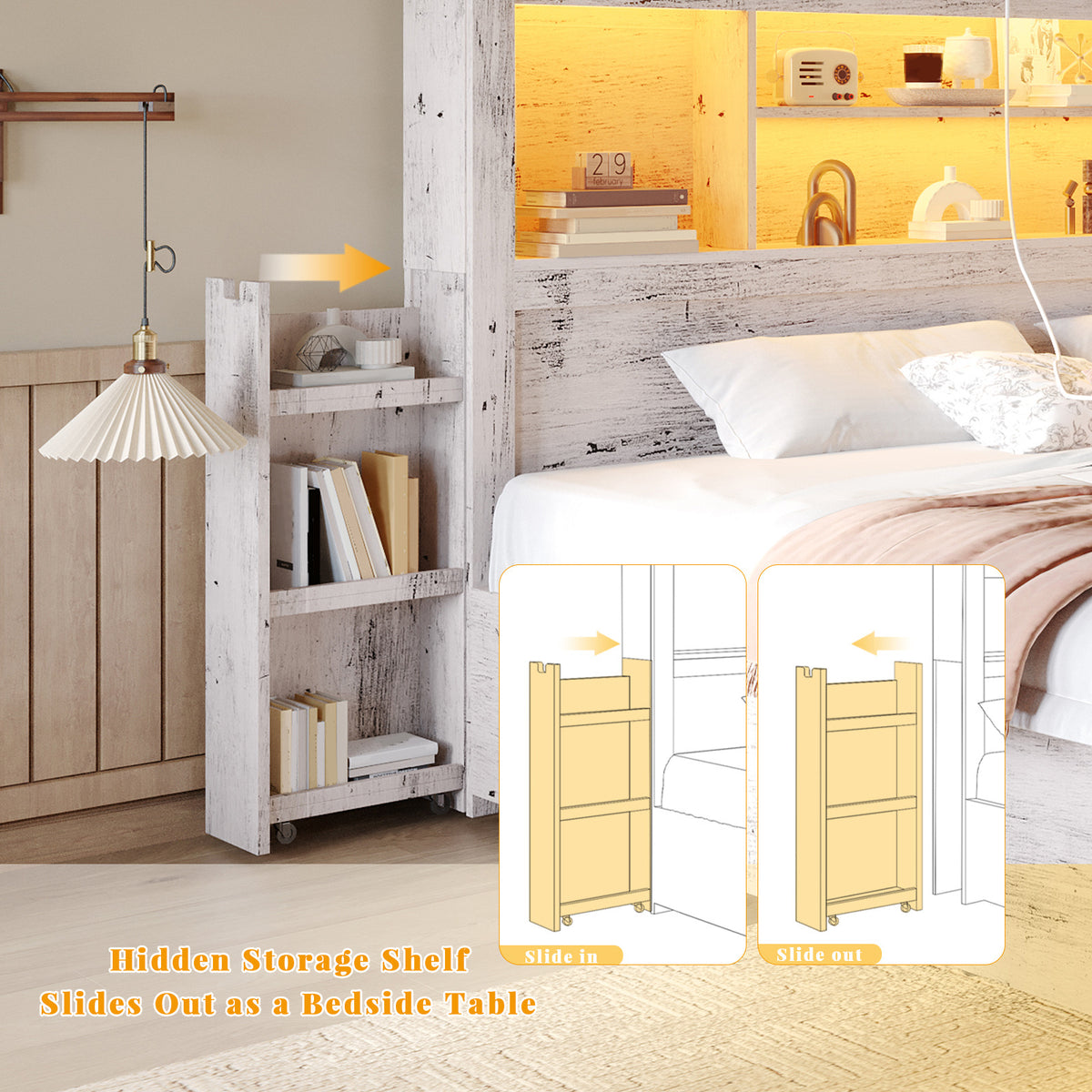PAPABABE Bed Frame With 49.6 Inch Bookcase Headboard, 4 Drawers And 2 Detachable Storage Racks - Farmhouse Wood Bed Frame With RGB LED Lights And Charging Station, No Box Spring Needed
