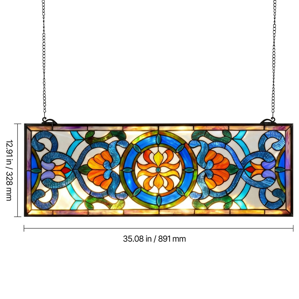 Stained Glass Window Panel, VEVOR Tiffany-Style 35.1 x 12.9 in Hanging Transom Art with Chain