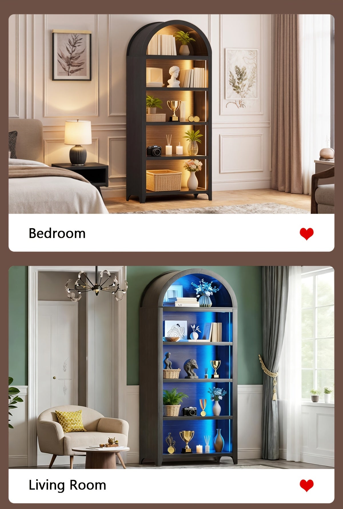 68.9" Arched Display Bookshelf Cabinet - 5-Tier Open Storage Shelf, Freestanding Tall Bookcase for Living Room, Dining Room Or Office (Multiple Finishes)
