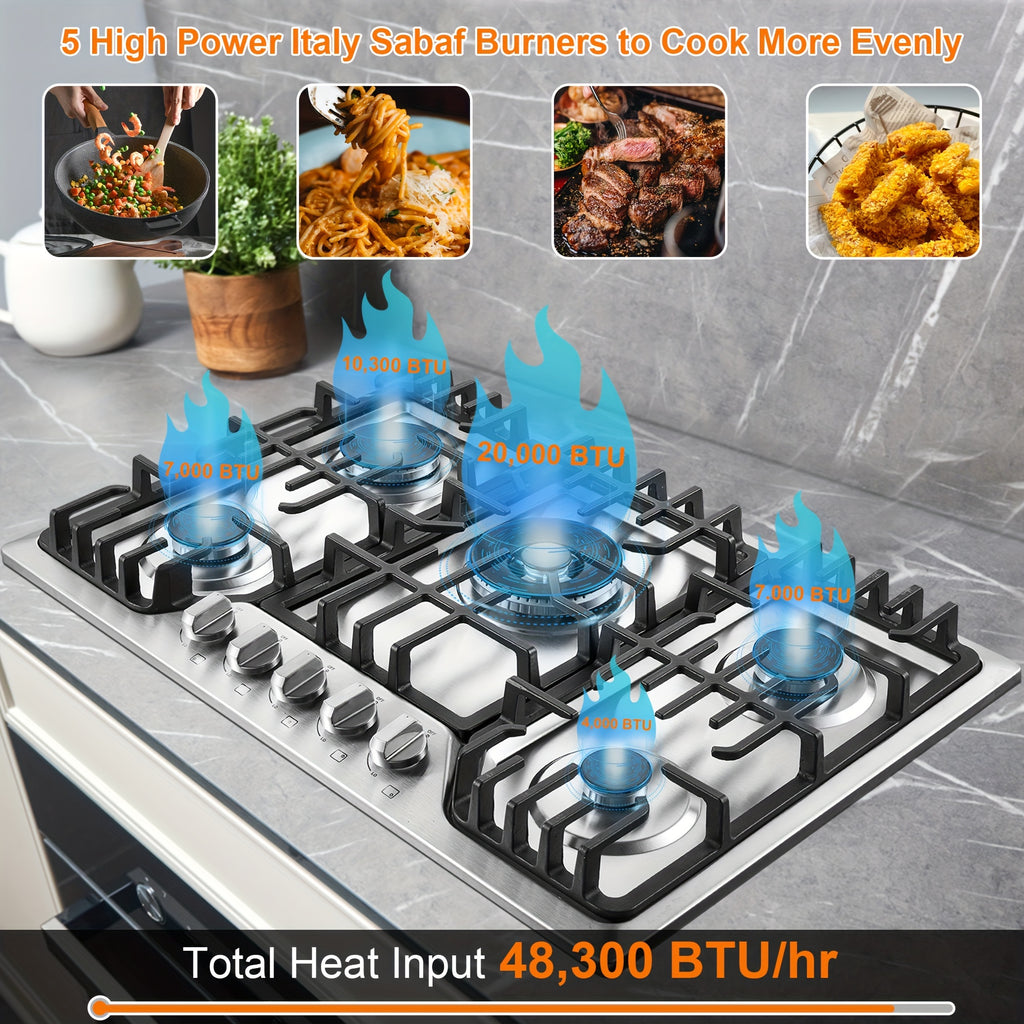 Bulit-In Gas Cooktop 30 Inch with Griddle, 5 Italy SABAF Powerful Burners, Max 48300 BTU Gas Stove Top, 304 Stainless Steel Panel, NG/LPG Convertible