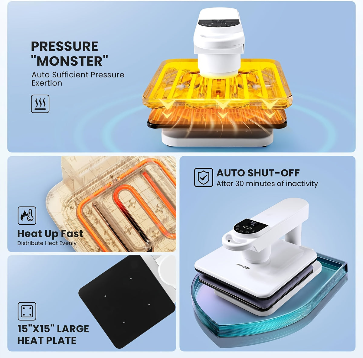 11pcs 8-in-1 - 15"x15"/12"x15" Heat Press Set for T-Shirts, Bags, Pillows, Hats, Beanies, Roller - 12"x10" T-Shirt Machine(Weight 25.35 Lbs) & 15"x15" Auto Single-Workbench & 15"x15" Auto Dual-Workbench Heat Press Only for Cloth, Shirts, Canvas Bags