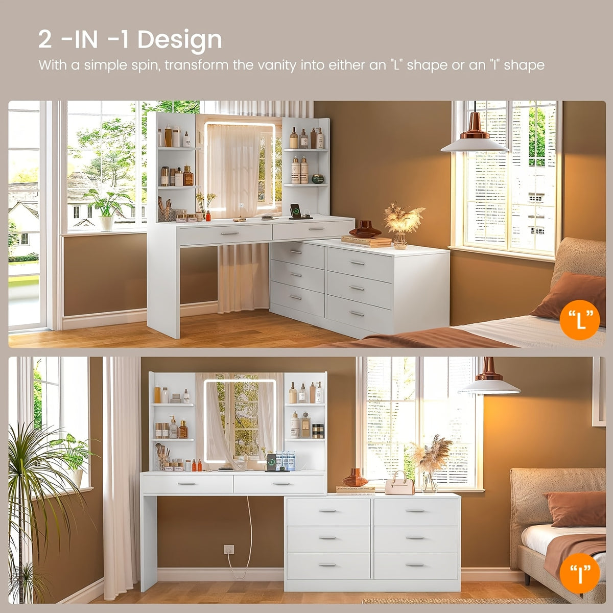 Vanity Desk with LED Lighted Mirror & Power Outlet, Modern Corner Makeup Vanity Table with 8 Drawers & Open Shelves, Dressing Table for Valentine's Day Gift
