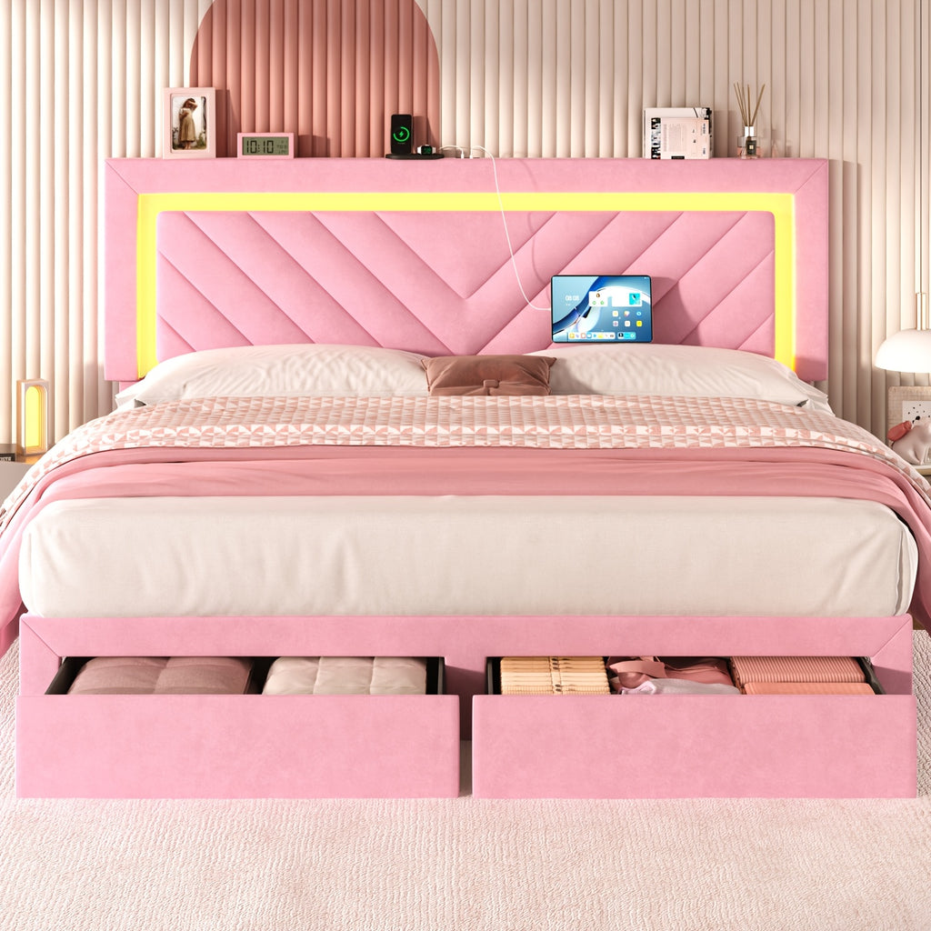 Pink Bed Frame with LED Headboard and Charging Station, 2 Storage Drawers, No Box Spring Needed, Noise Free