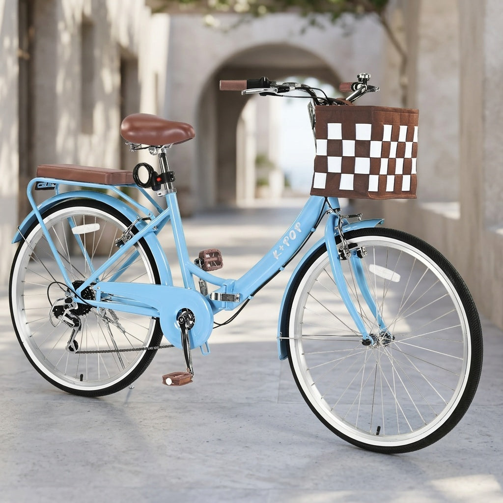 26" Foldable Beach Bike with Basket for Women - Lightweight 7-Speed Urban Commuter Bicycle, Adjustable Waterproof Seat, Detachable Rear Soft Saddle, Aluminum Alloy Wheels, Multiple Colors (Blue, Pink, Green, White), Easy Storage Bike | Checkered Board Bas