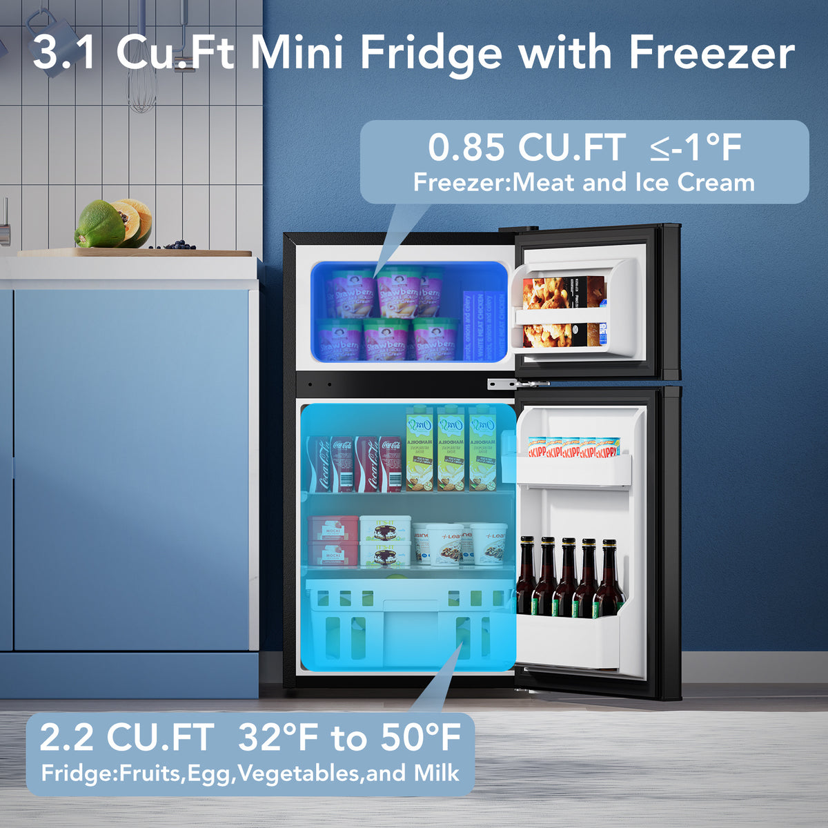 3.1 Cu.Ft Compact Mini Fridge, with Freezer, Compact Refrigerator with 2 Doors, Mini Fridge with Adjustable Removable Glass Shelves for Bedroom, Office, KitchenDorm Or Apartment