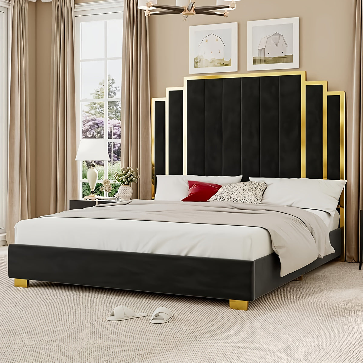 LUXOAK Modern Upholstered Bed Frame with 65" Headboard, Golden Plating Trim, Platform Design - No Box Spring Needed