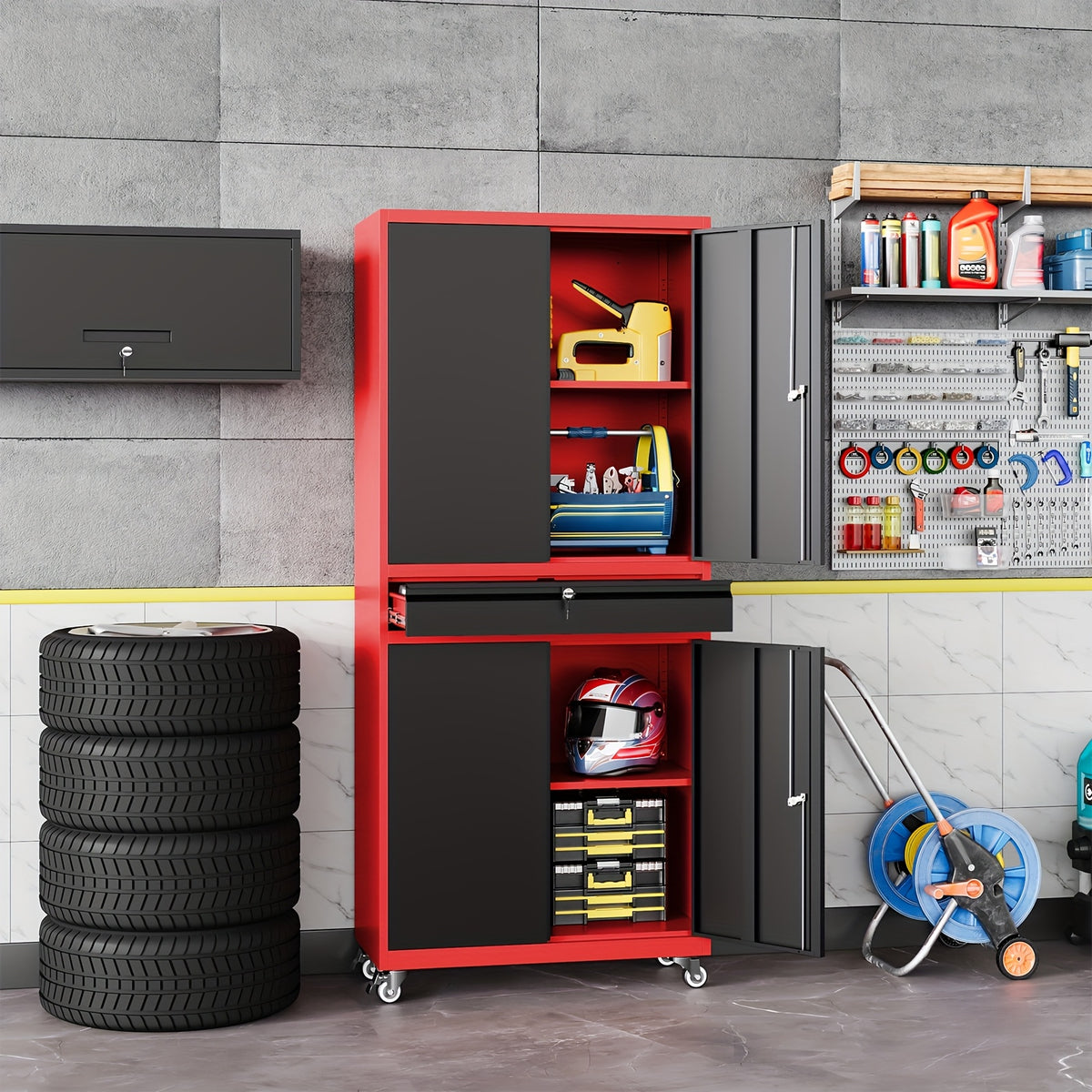 SISESOL Metal Garage Storage Cabinet With Locking Doors And Adjustable Shelves, Rolling Tool Storage Cabinet With 4 Wheels And 1 Drawer - 73" Steel Locking Cabinet For Garage, Warehouse