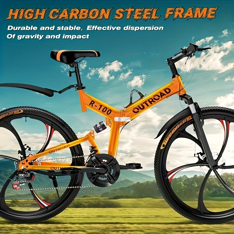 26 Inch Mountain Bike, 21 Speeds Full Suspension Folding Bikes, Dual Disc Brake, High Carbon Steel Frame And Non-Slip Quick Release Tire Bicycle for Adult