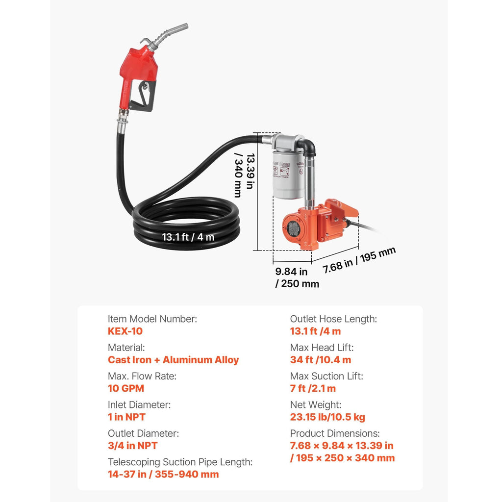 VEVOR Fuel Transfer Pump, 12V DC 10 GPM, Portable Diesel Transfer Pump Kit, with Auto Shut-Off Nozzle, Discharge Hose, Overheat Protection, Power Cable, for Gasoline Diesel Kerosene