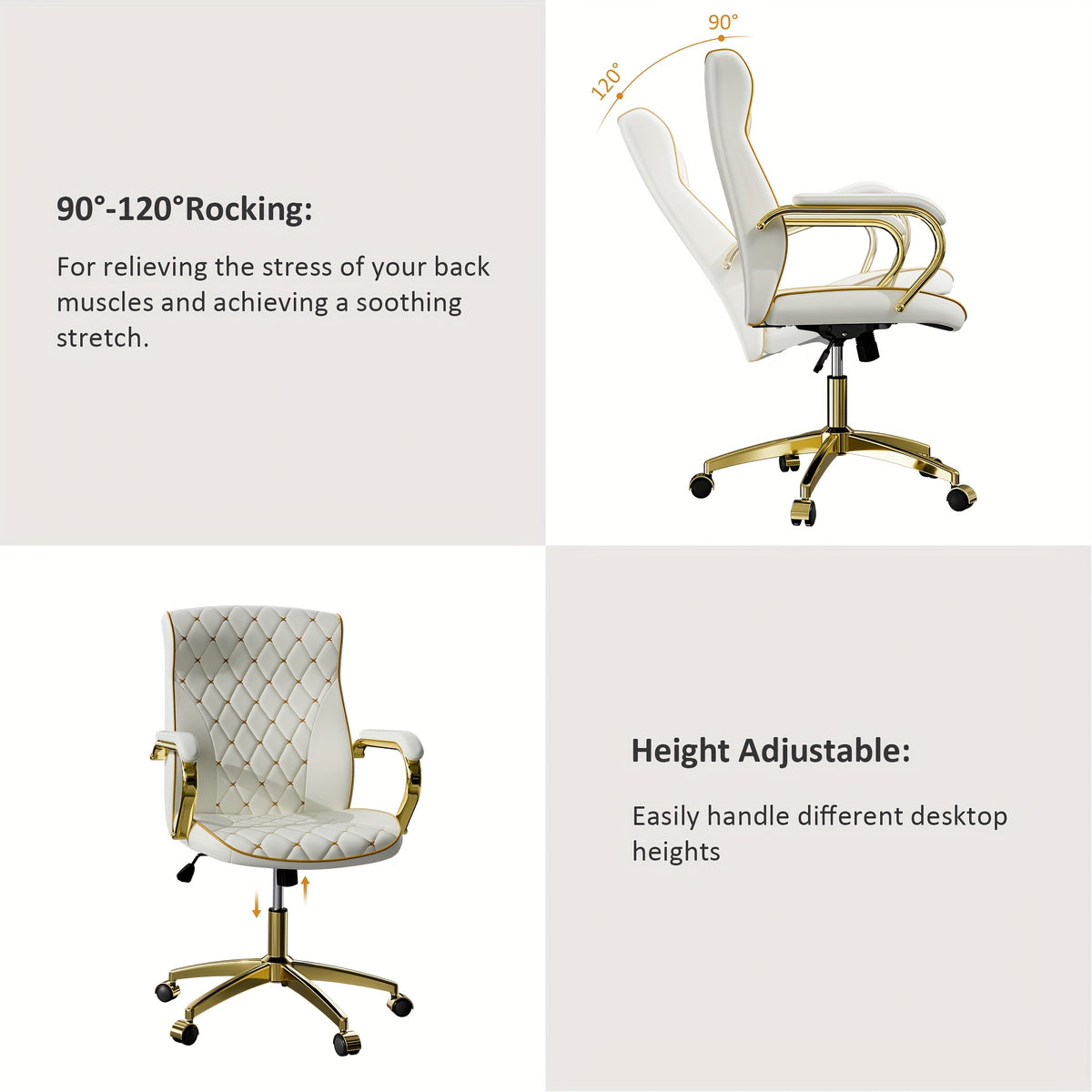 1pc Office Chair with Golden Frame, Soft Office Chair with Wheels And Padded Arms, Mid Back Executive Desk Chair, Swivel Vintage Desk Chair And Height Adjustable