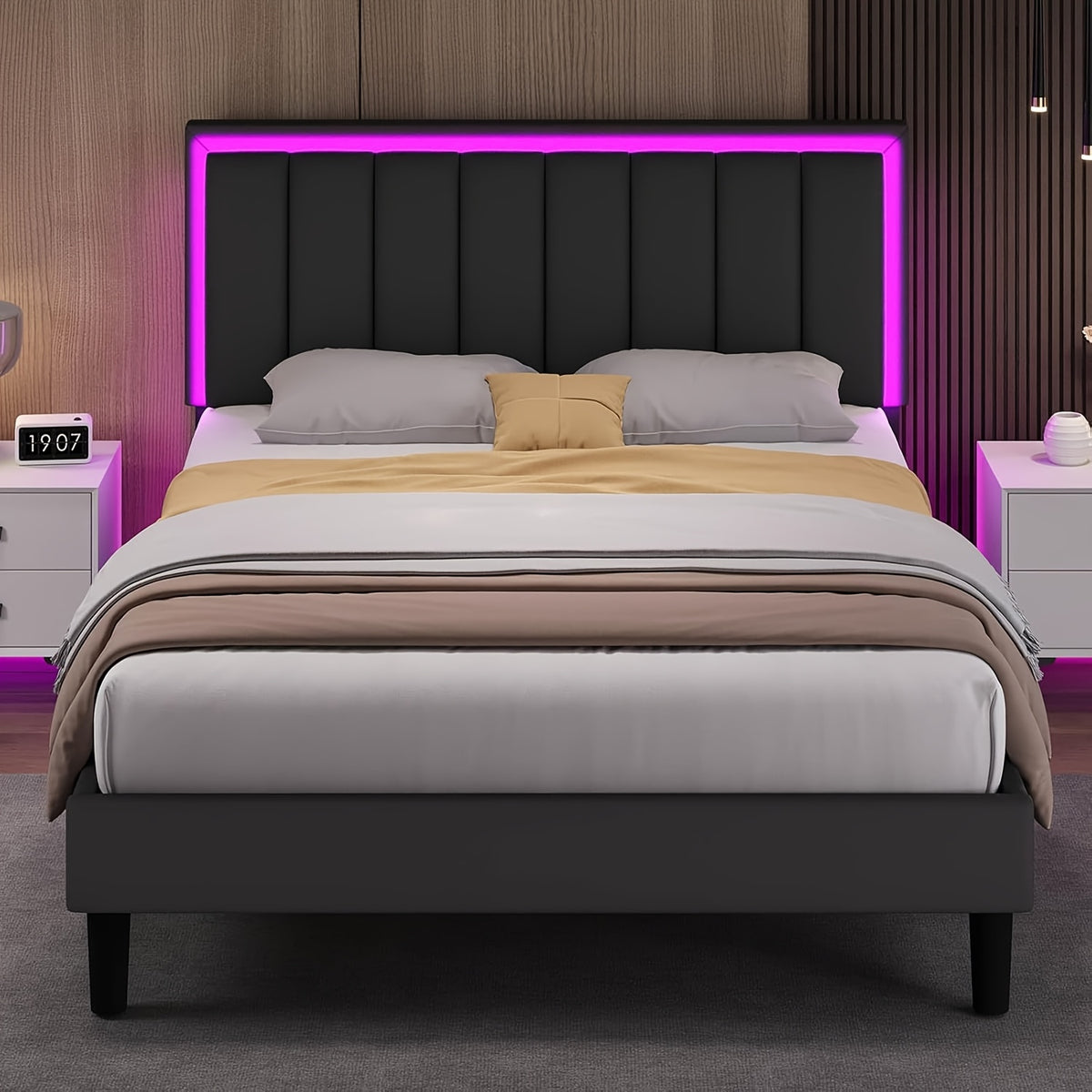 Twin Full Queen Size Bed Frame with LED Lights, Upholstered Queen Size Bed Frame with Headboard And Footboard, Heavy Duty Wood And Metal Slats Support, Noise-Free, No Box Spring Needed, Queen Bed Easy Assembly, Black, White, Pink
