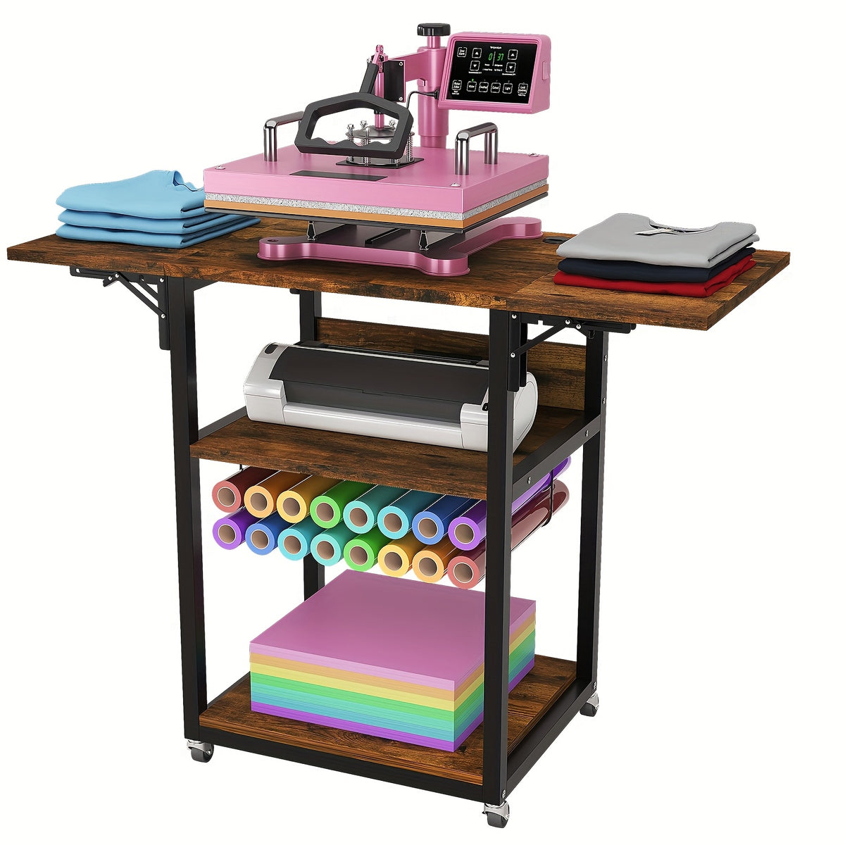 Foldable Heat Press Table, 3 Tier Movable Heat Press Stand With Vinyl Roll Holder, Heavy Duty Metal Shelf Cart For DIY Sublimation Transfer Machine And Printer, Brown