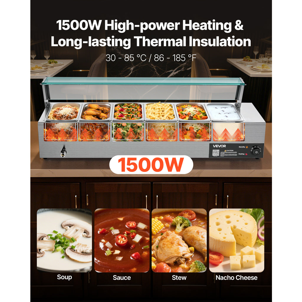 VEVOR Commercial Food Warmer, 1500W Electric Stainless Steel Steam Food Warmer with Glass Cover, 6 x 1/3 Size Pans Buffet Bain Marie with Soup & Perforated Ladles, for Catering, Restaurant & Party
