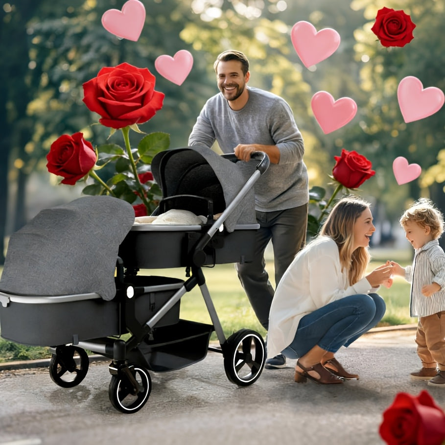 Foldable Double Stroller - Tandem Design with Adjustable Backrest, Reversible Seat, Five-point Safety Harness and Storage Basket - Convertible Bassinet for Infants and Toddlers