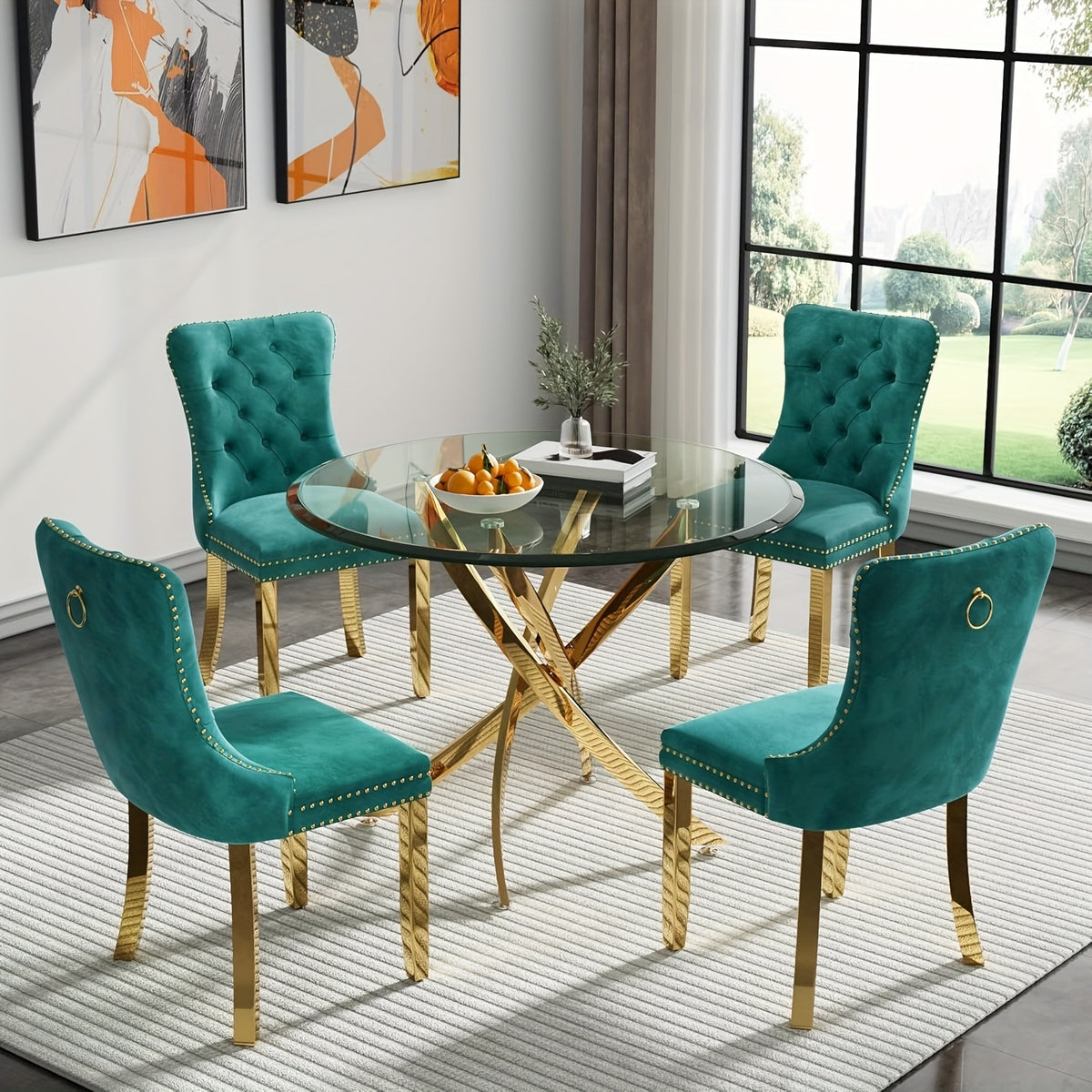 5/3/1pc Round Dining Table Set, Modern Tempered Glass Dining Table With Velvet Dining Chairs, 36" Kitchen Table With Stainless Steel Base For Living Room, Dining Room, Kitchen, Office, Lounge