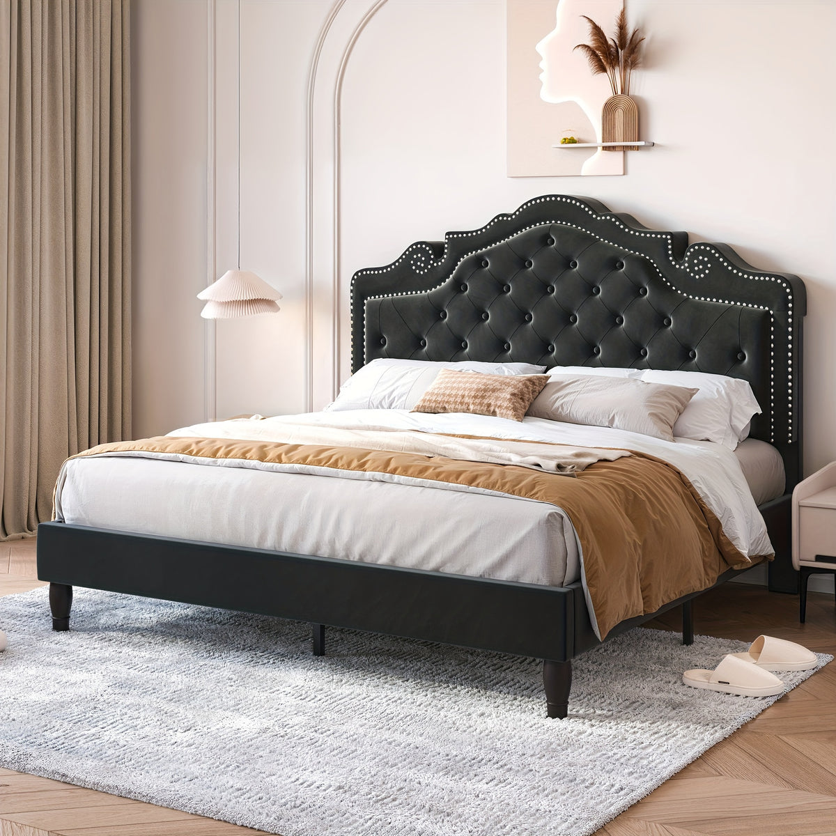 WEEWAY Full/Queen/King Bed Frame with Velvet Adjustable Tiara Curved Headboard And High Resilience, Upholstered Diamond Button Tufted Platform Bed with Wood Slats/No Box Spring Needed/Noise Free/Black/Dark Grey