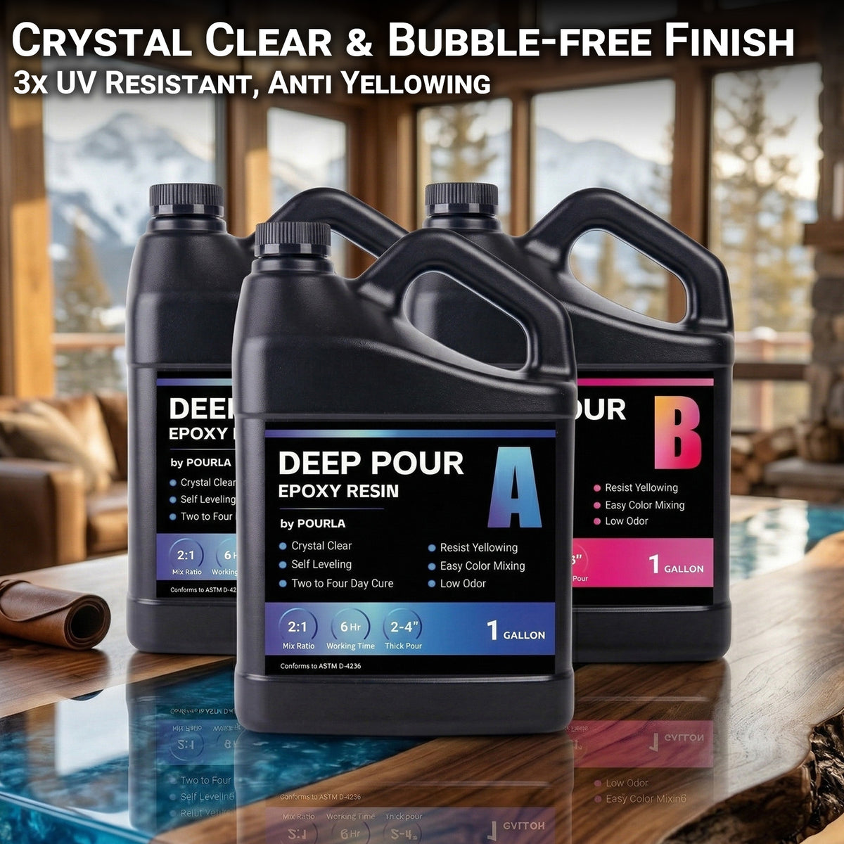 Deep Pour Epoxy Resin by POURLA, 3 Gallon Kit for 2–4 Inch River Tables and Casting Projects