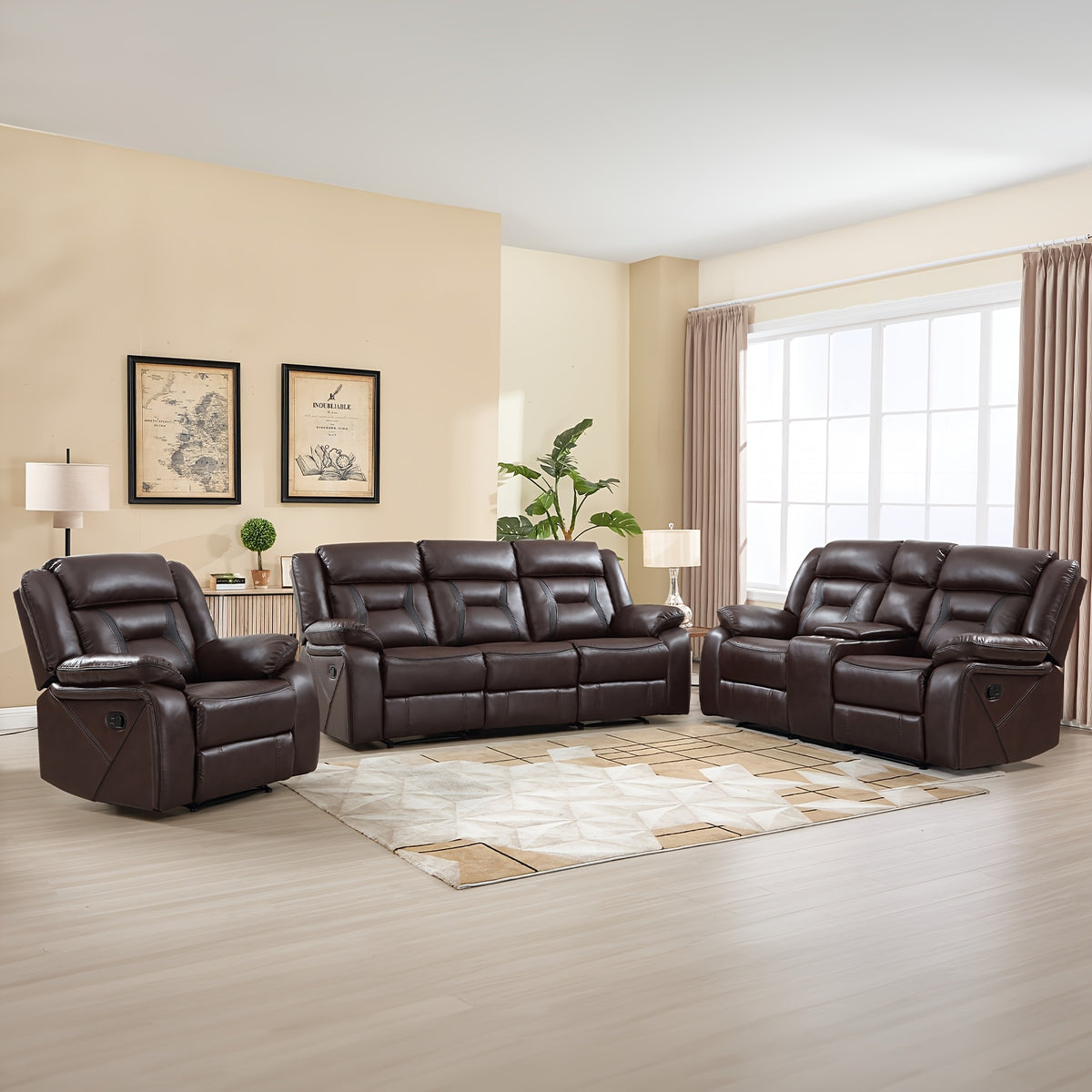 Faux Leather Manual Recliner Set: 3-Seat Sofa, Loveseat, Recliner Chair for Living Room And Meeting Room