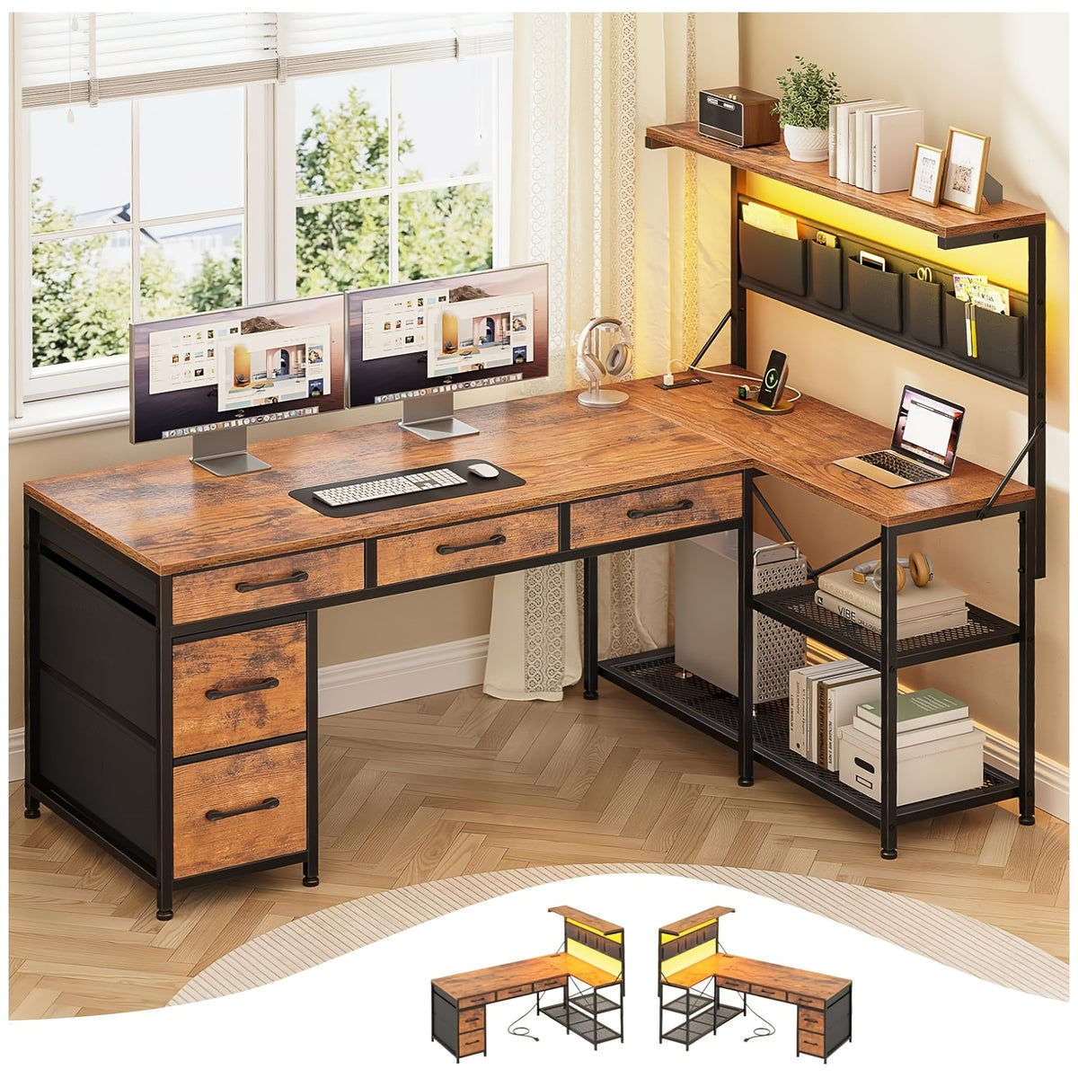 L-Shaped Computer Desk for Small-Space Work and Gaming, Featuring Reversible Shelves and App-Controlled RGB Lights