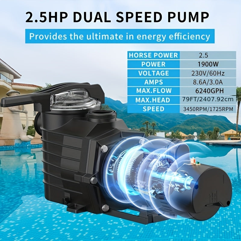 2.5HP Dual Voltage/Dual Speed Voltage Swimming Pool Pump, 6000GPH Flow, Self-Priming Water Pump for Swimming Pool Public Pool Water Amusement Park And Hot Tubs, with Filter Basket Transparent Lid Drain Plug, 115V Or 115V/230V