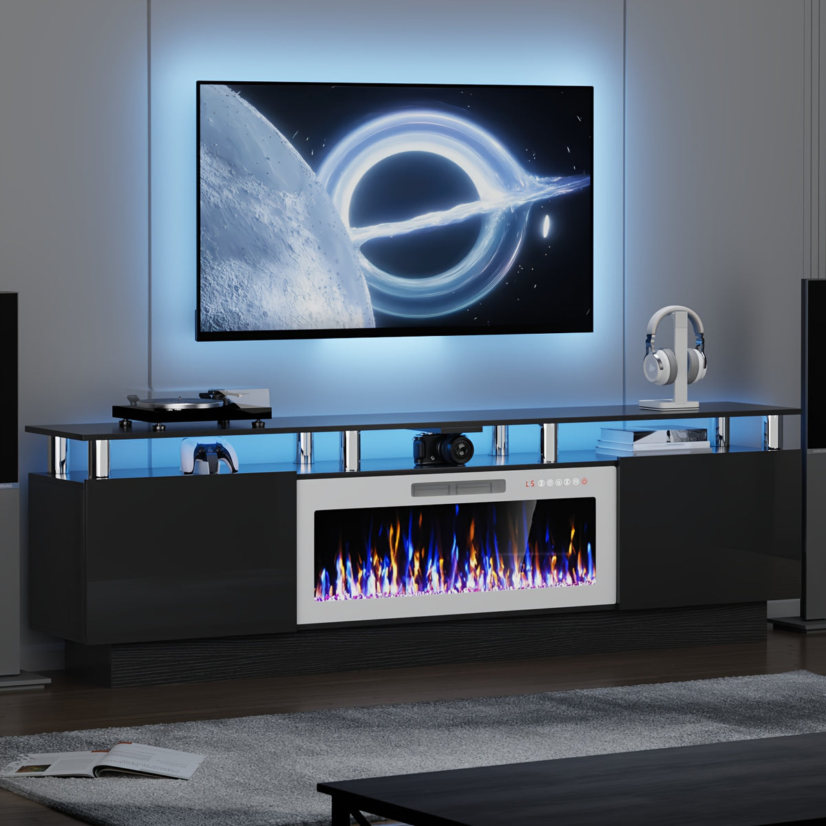 80" Fireplace TV Stand with 36" Fireplace, 2-Tier 80" LED Entertainment Center with Fireplace for Tvs Up to 90", Modern Wood TV Media with Storage Cabinets for Living Room