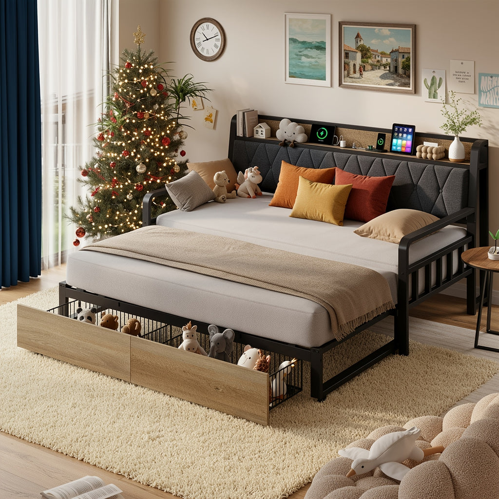 PAZCASA Twin Daybed with Pop-Up Trundle & Storage Drawers, Converts to King Size, Headboard with Built-In Power Outlet, Metal Frame - for Living Room, Guest Room, Dorm, Black