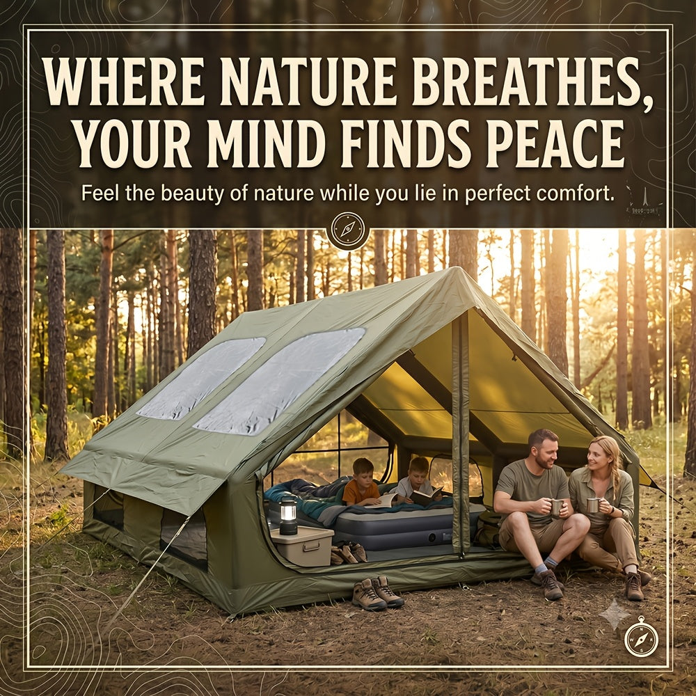 Inflatable Camping Tent（Optional: Skylight, Stove Jack） for 4-6 Person,4 Season Camping Tent, Large Luxury Air Tent with Manual Pump, Easy Setup Portable Glamping House, High Quality Windproof Family Outdoor Shelter Best Valentine's Day Gifts