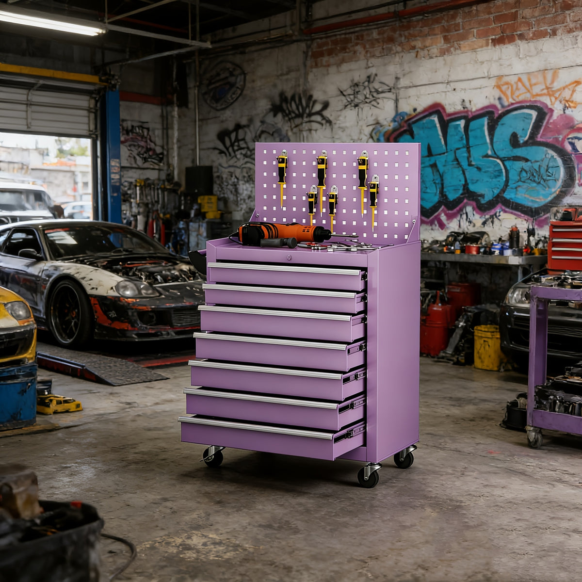 [Rolling Tool Chest] 7-Drawers Rolling Tool Chest Cabinet with Wheels - Keyed Locking System, Non-Slip Mat for Garage Warehouse Workshop