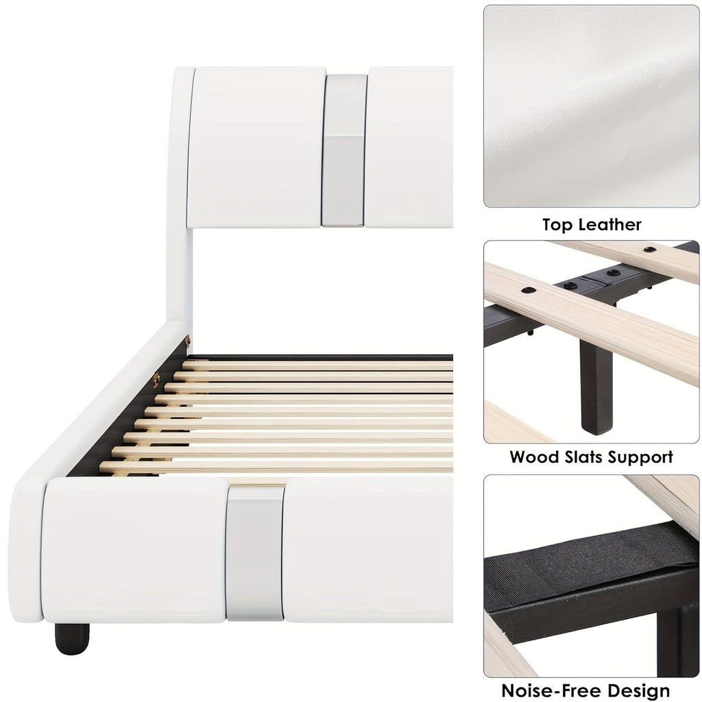 Contemporary Platform Bed Frame Made of Faux Leather, Featuring Iron Metal Accents, an Adjustable Headboard, And Wooden Slats for Support, Eliminating The Need for a Box Spring