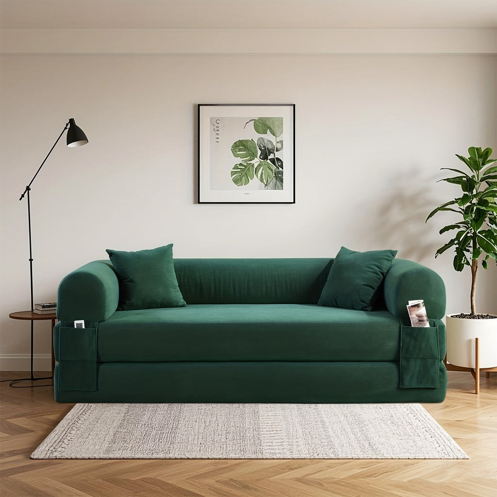 80" Convertible Sofa Bed, 3-in-1 Corduroy Folding Pull Out Couch with Pillows, No Assembly Modern Boneless Couch Compression Sofa In Box, Floor Sofa with Side Storage Pocket for Living Room