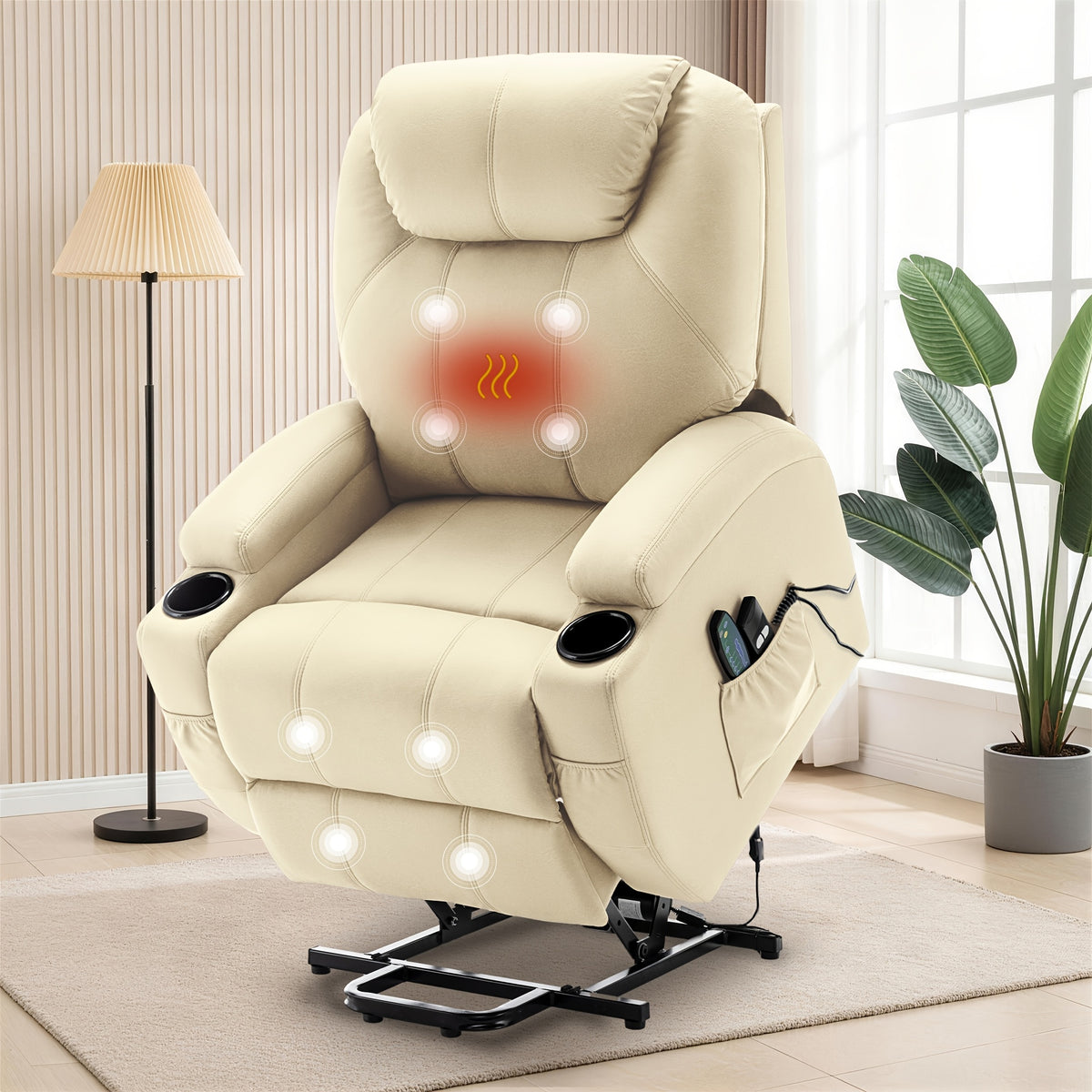 Living Room Massage Chair, Recliner With Heating Function, Adult Electric Lift Chair, Storage Side Pockets And Cup Holders, Medium-sized Leisure Chair, Comfortable PU Leather Material, Orange And Blue Are Technical Fabric