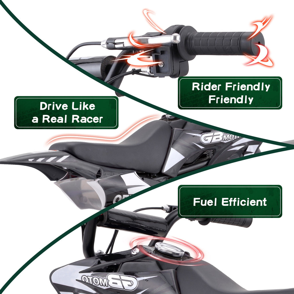 Mini off-road bike, 41CC four stroke gasoline bike (model: DB001), equipped with off-road tires, suspension, disc brakes, maximum load of 160Lbs, top speed of 18Mph, gloves and face cloth included