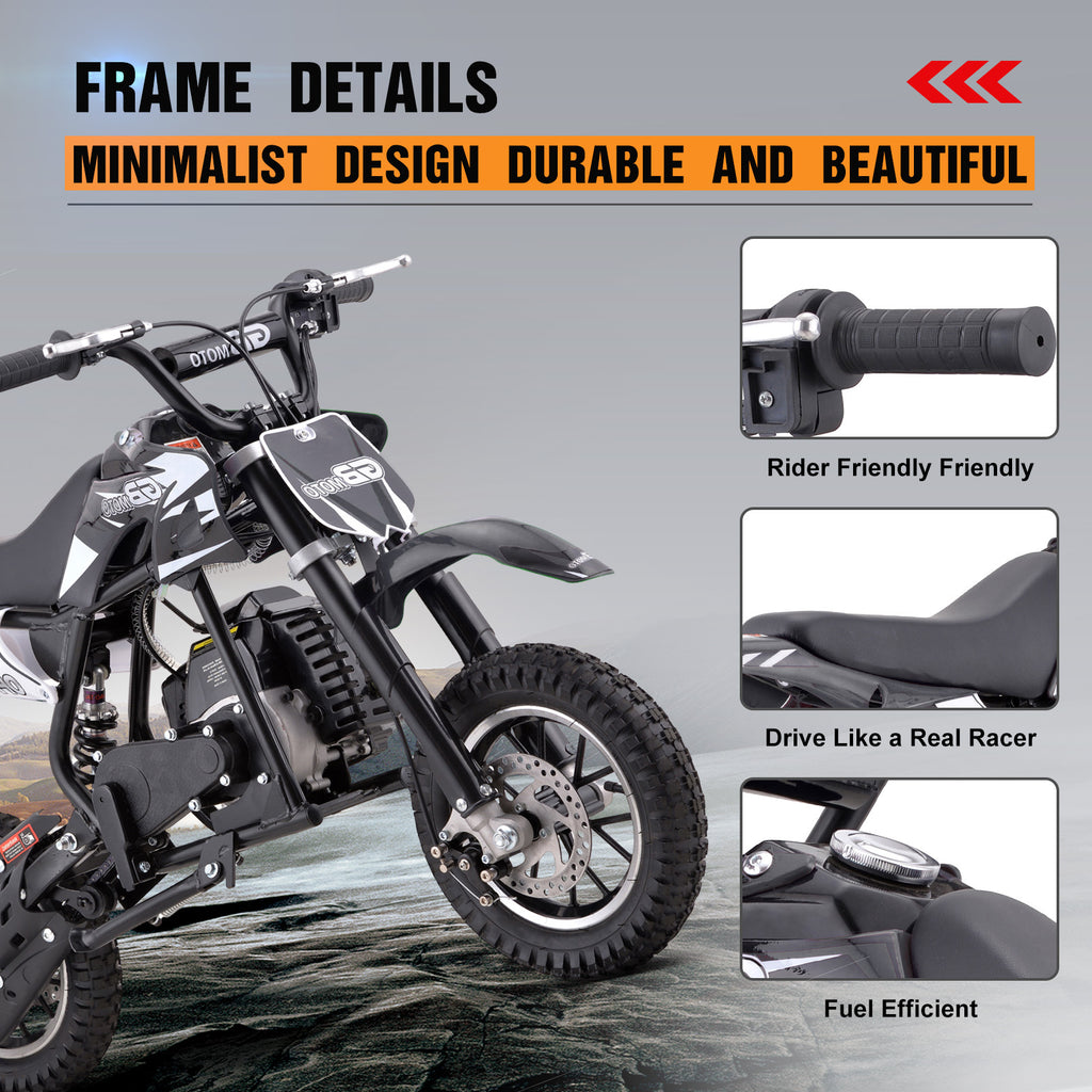 Mini Dirt Bike, 49 CC 2-Stroke Gas Bike (Model :DB001) with Off-Rode Tire, Suspensions, Disc Brakes, Max Load 160Lbs, Up to 20Mph-Included: gloves, face mask, cycling protective gear, cycling boots, and anti-theft lock.