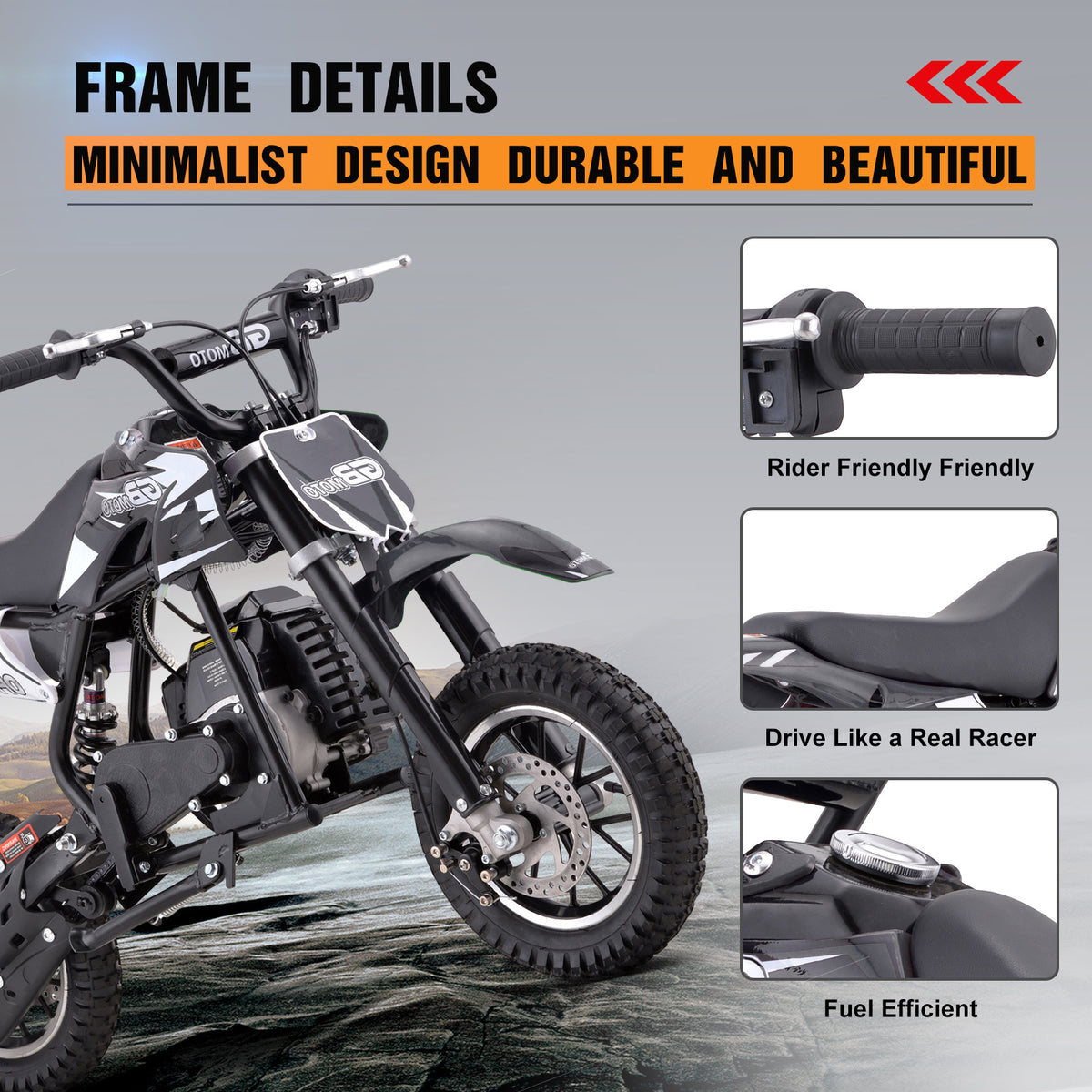 Mini Dirt Bike, 49 CC 2-Stroke Gas Bike (Model :DB001) with Off-Rode Tire, Suspensions, Disc Brakes, Max Load 160Lbs, Up to 20Mph-Included: gloves, face mask, cycling protective gear, cycling boots, and anti-theft lock.