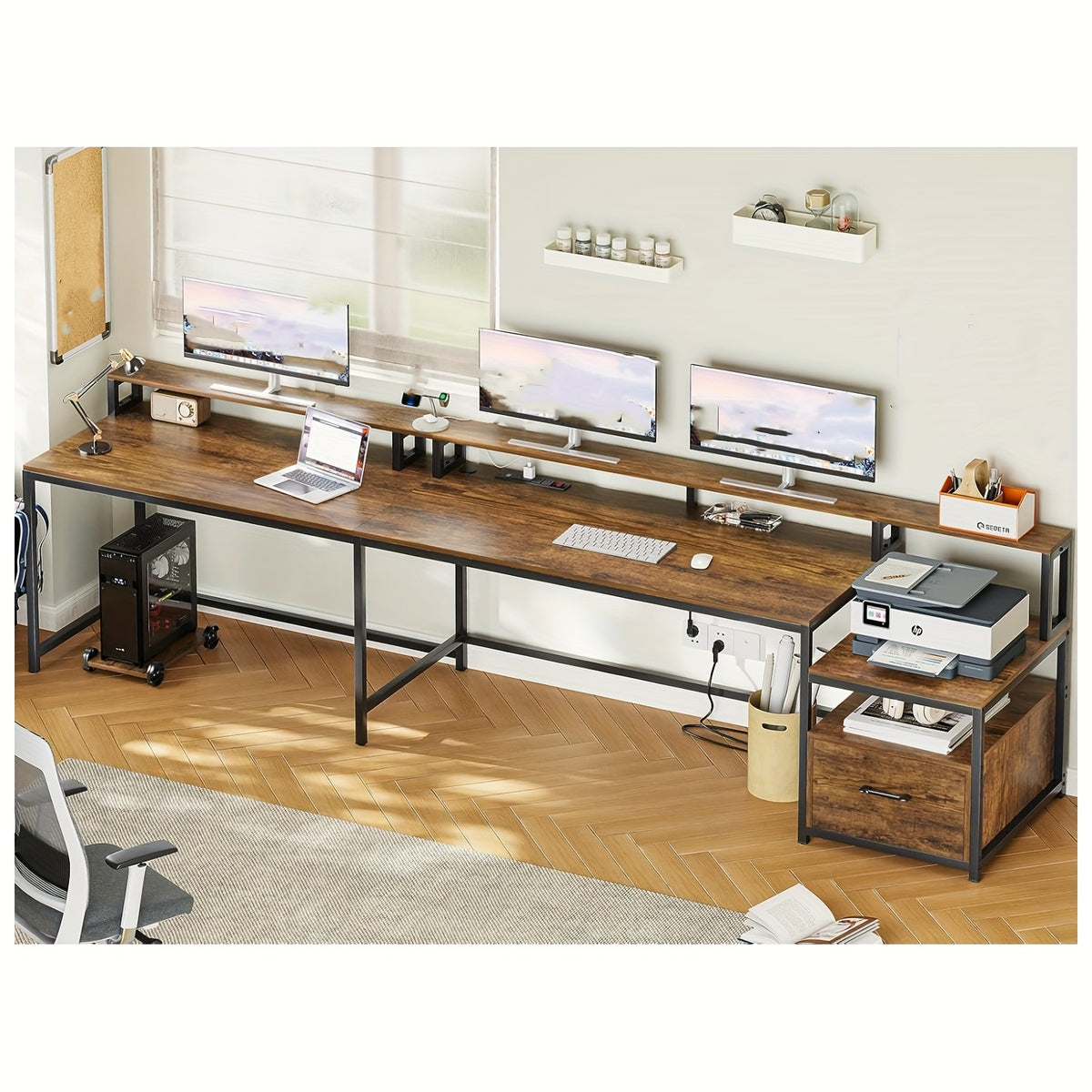 L Shaped Desk for Home Office, Reversible Corner Computer Desk with File Drawer, Led Lights and Monitor Shelf, Two Person Desk