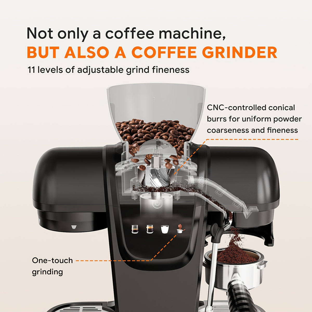 [Italian Espresso Machine] 19Bar Italian Espresso Machine Featuring a Conical Burr Grinder, a Steam Wand for Frothing Milk, 0.8L Water Reservoir, And a Dual Boiler Heating System, Capable of Preparing Cappuccinos, Lattes, Iced Coffee, And Americanos