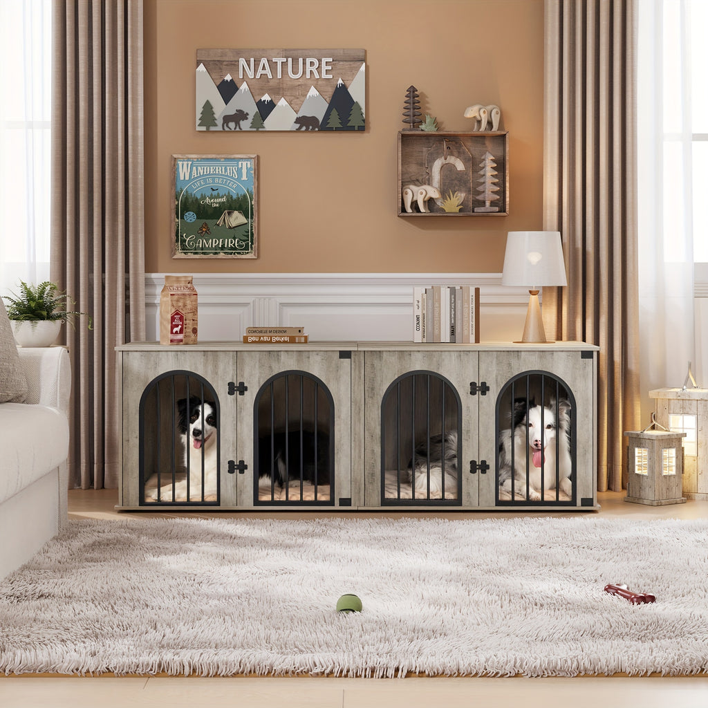 71" Heavy Duty Dog Kennels | Wooden Dog Crate Furniture for 2 Dogs, Small/Medium/Large, with Divider, Pads, Side Table, TV Cabinet, Anti-Chew, Anti-Escape, Black Golden/Greige/White/White Brown - HZUANERI