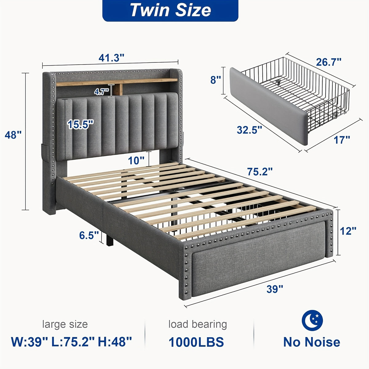 King Size Upholstered Bed Frame with Storage, 2-Tier Headboard And 2 Drawers, Sturdy Wood Slats, No Box Spring Needed, Noise-Free, Modern Grey/Beige, Easy Assembly, Space Saving