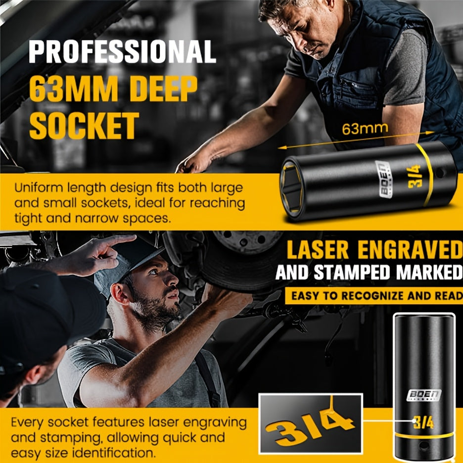 [60pcs Socket Set] BOEN 60pcs 3/8" Drive Impact Socket Set, 6-Point Sockets, Metric 6-22Mm & SAE 5/16"-3/4", Shallow & Deep Sockets, Ratchet Wrench Included, 7pcs 10Mm Sockets with Yellow Embossed Marking for Automotive Repair
