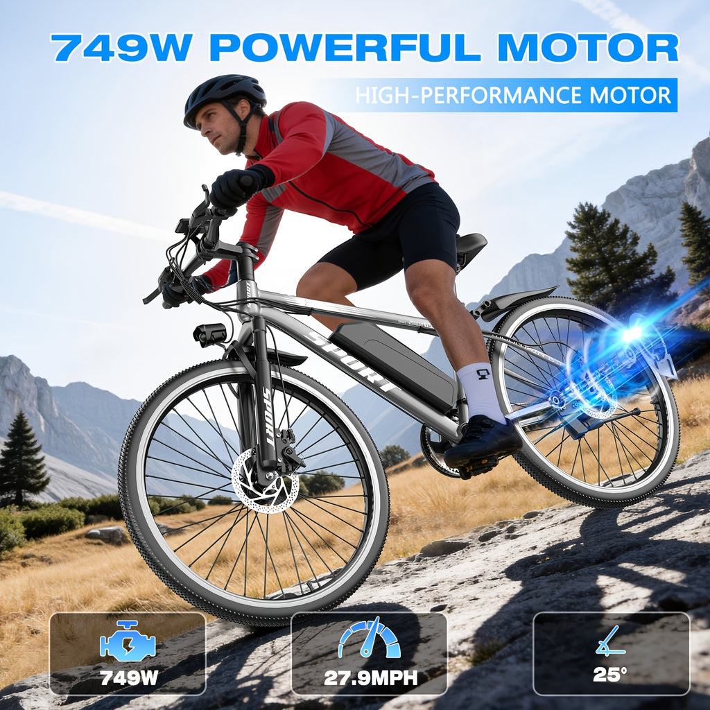 26-inch 749W Electric Mountain Bike for Adults, 48V 10.4AH Removable Battery with LCD Display, 27.9MPH, 300 Lbs Capacity - Ideal for Commuting & Off-Road Riding, Mountain Bike Gear, Adventure Cycling