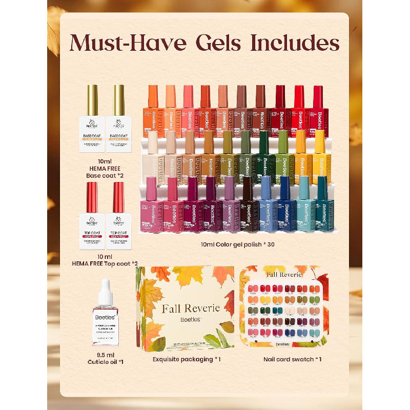 [Gel Polish Set] 30 Colors Beetles Fall Gel Polish Set - Hema-Free Retro Reverie Collection, /LED Curable Base & Top Coat Suitable for Nail Art Salon DIY, Autumn Burgundy & Orange Gel Nail Kit with Swatch Card, Soak Off Polish for or Professional