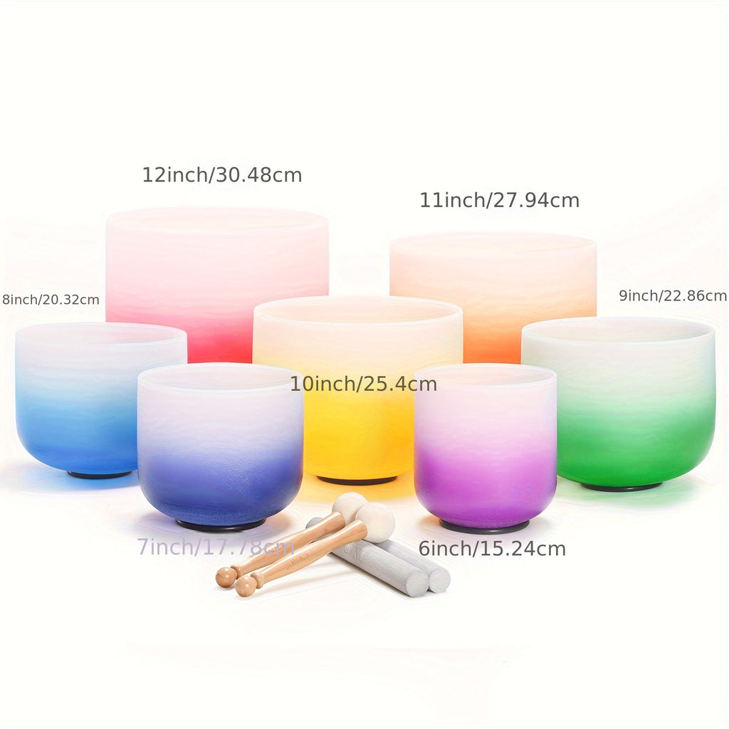 432Hz 7pcs Set Of 6-12 Inch Aria Gradient Design Frosted Quartz Crystal Singing Bowls with Free 2pcs Travel Carry Case Bag.