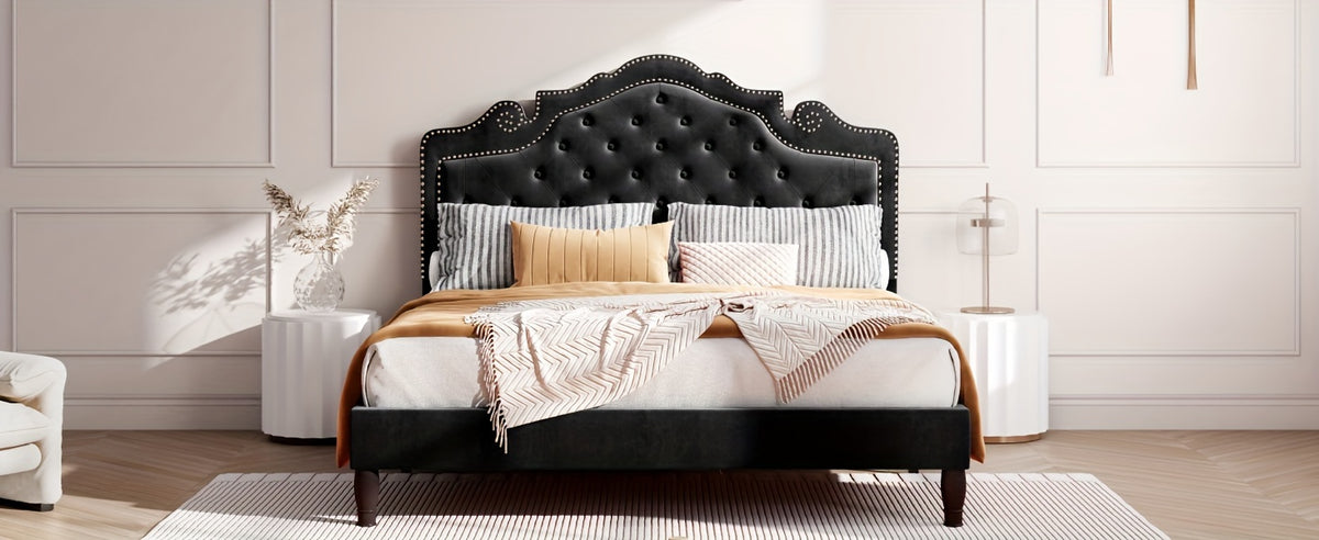 HOOMIC Full/Queen/King Size Bed Frame with Adjustable Velvet Tiara Headboard, Upholstered Diamond Button Tufted Platform Bed, Wooden Slats Support, No Box Spring Needed, Easy Assembly, Black