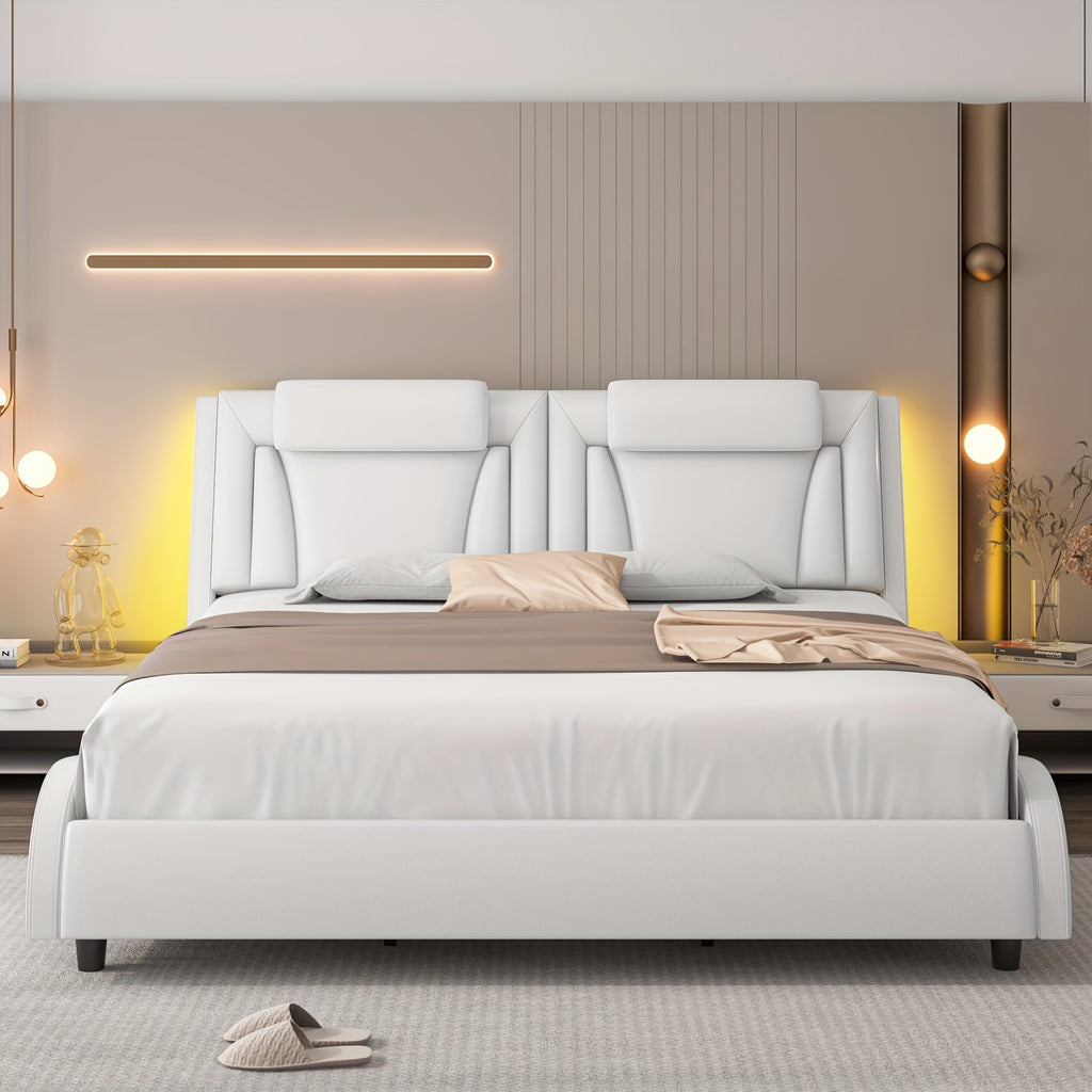 Upholstered Bed Frame Available in Full, Queen, And King Sizes Featuring an Adjustable Headboard, a Wavy Design, a Removable Backrest, And Solid Wooden Slats for Support, Eliminating The Need for a Box Spring, Offered in Faux Leather in White