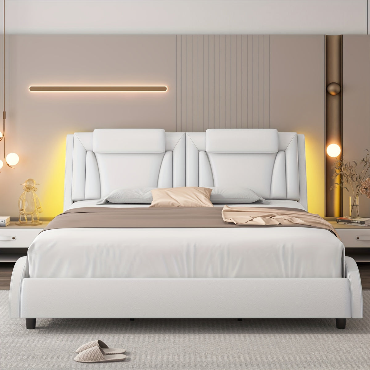 Upholstered Bed Frame Available in Full, Queen, And King Sizes Featuring an Adjustable Headboard, a Wavy Design, a Removable Backrest, And Solid Wooden Slats for Support, Eliminating The Need for a Box Spring, Offered in Faux Leather in White