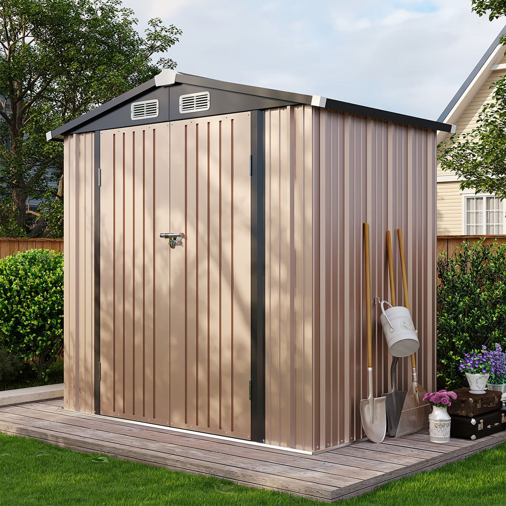 6' X 4' Brown Metal Outdoor Storage Shed with Base Frame, Weather-Resistant Steel Tool Shed with Lockable Doors for Garden, Patio, Backyard, And Lawn