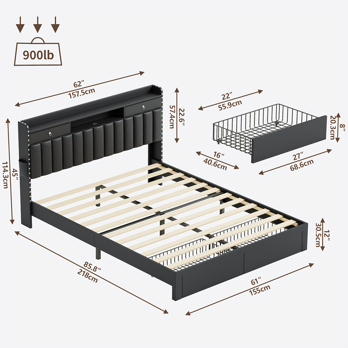 MRAEER Furniture Offers a Tri-Color Upholstered Bed Frame Available in Full, Queen, And King Sizes, Featuring Four Drawers And a Charging Station. Mattress Not Included, Operates Silently, And Does Not Require a Box Spring