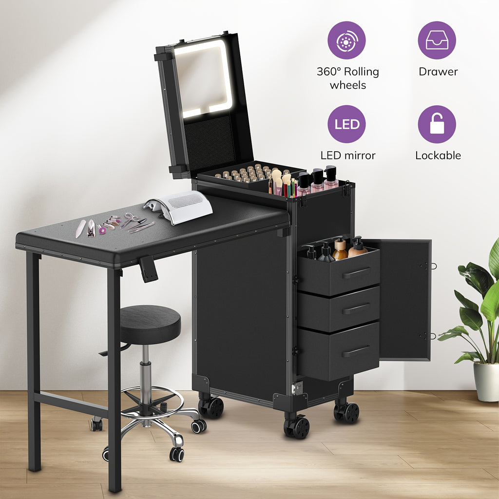 [Portable Foldable Nail Desk] Rolling Portable Manicure Table With Drawers, Mirror And Nail Polish Organizer, Lockable Makeup Train Case, Foldable Nail Desk, Bonus 3pcs Eyebrow Razors